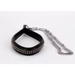 Póráz, fekete bőr fogantyú fém lánccal - Lamb leather handle with 2 rows of small rhinestones and metal chain