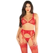 Vörös 3 részes fehérnemű szett Bra top, string stockings and garter belt - red