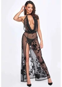 Áttetsző virágmintás fekete ruha Divinity long flocked mesh dress with open back - XL