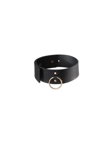 Vastag fekete műbőr nyakörv arany láncos pórázzal Maze wide choker with leash black