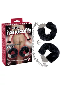 Fekete plüss bevonatú fém bilincs hosszú lánccal Bigger Furry Handcuffs