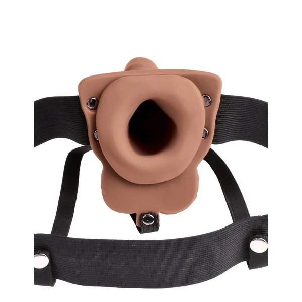 Felköthető, tölthető, barna herés műpénisz 15cm - 6" Hollow Rechargeable Strap-On with Balls Tan