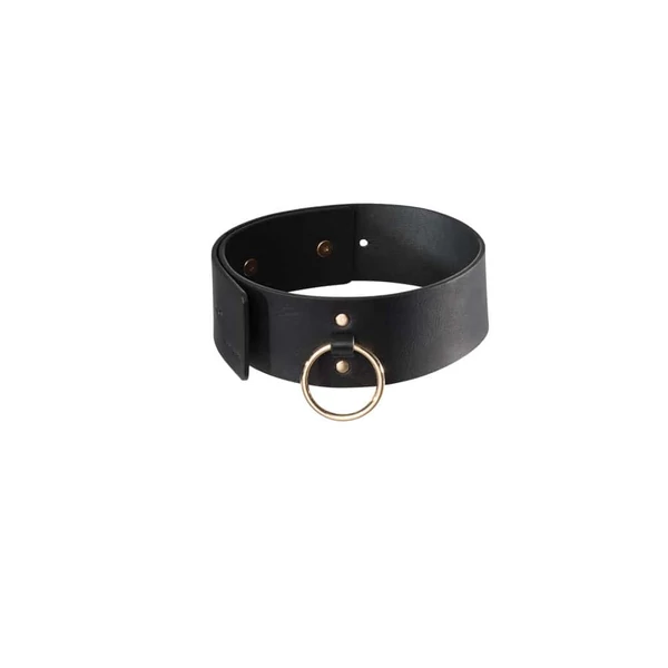 Vastag fekete műbőr nyakörv arany láncos pórázzal Maze wide choker with leash black