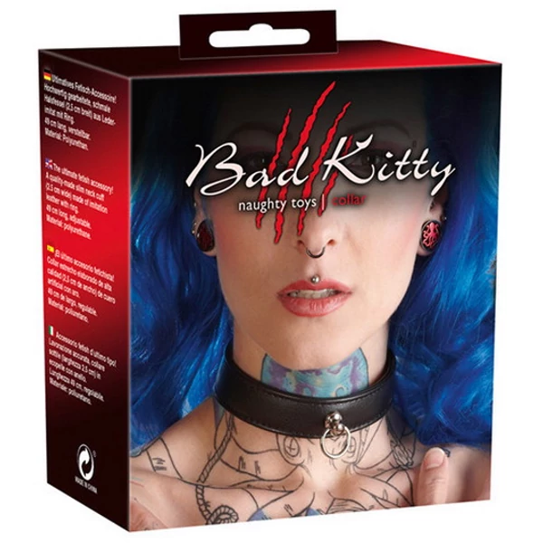 Műbőr nyakpánt fém karikával Bad Kitty Bondage Collar