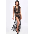 Áttetsző virágmintás fekete ruha Divinity long flocked mesh dress with open back - XL