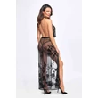 Áttetsző virágmintás fekete ruha Divinity long flocked mesh dress with open back - XL