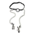 Szájkarika mellbimbó csipesszel O-ring gag nipple clamps  black/silver