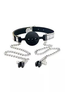 Szájgolyó mellbimbó csipeszekkel Breathable ball gag with nipple clamps