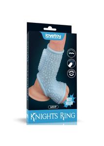 Rücskös pénisz és hereköpeny Vibrating drip knights ring with scrotum sleeve blue