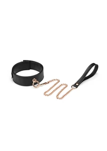 Fekete műbőr nyakörv pórázzal arany lánccal Black organosilicon collar with leash
