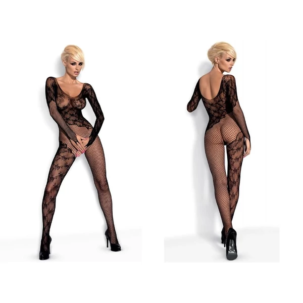 Átlós virág-necc mintás fekete testharisnya Bodystocking F210 black S/M/L