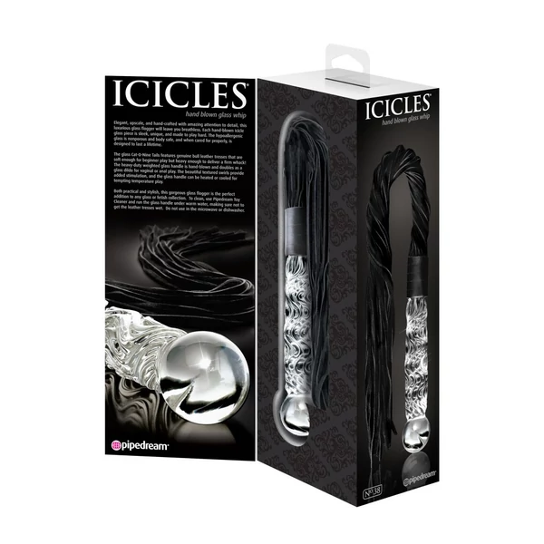 Korbács üvegdildó nyéllel Icicles No. 38 clear fekete