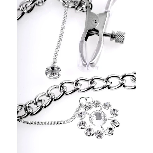 Mellbimbó csipesz lánccal Crystal nipple clamps  silver
