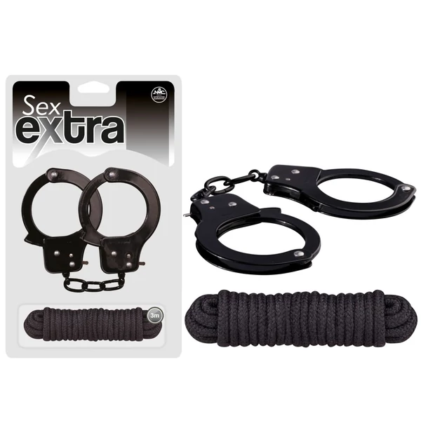 Fém bilincs és kötöző fekete - Sex extra metal cuffs & love rope
