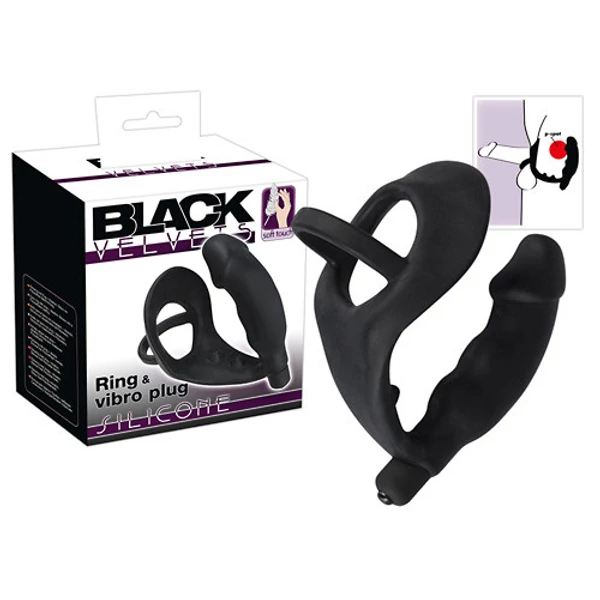 Pénisz és heregyűrű análvibrátorral fekete Black velvet