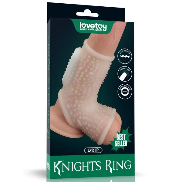 Vibrációs rücskös pénisz- és heremandzsetta Vibrating Drip Knights Ring with Scrotum Sleeve (White)