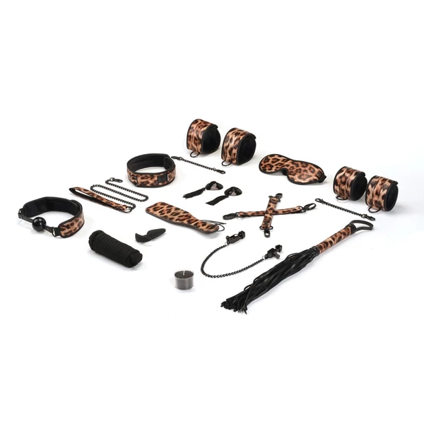 Műbőr Bdsm szett 13 darabos leopárd mintás Vivid leopard print soft bondage 