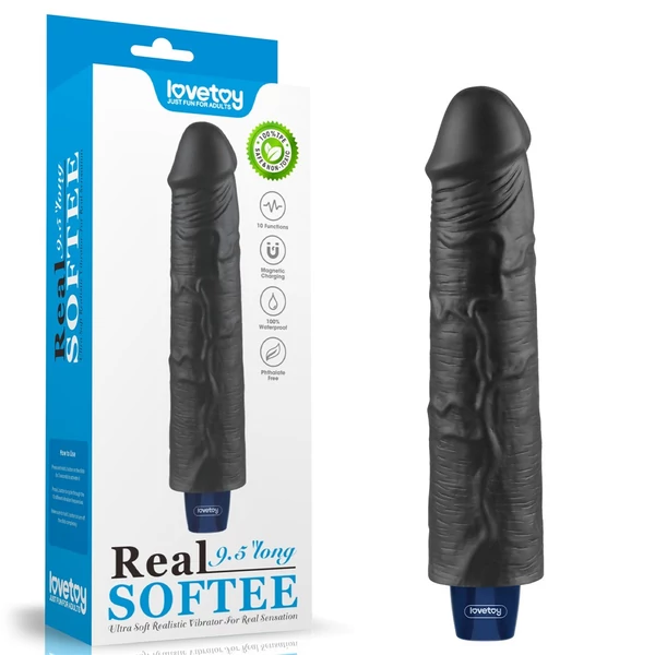 Realisztikus tölthető vízálló vibrátor 24 cm - 9.5" Real Softee Rechargeable Vibrating Dildo (fekete)