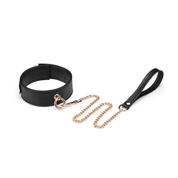 Fekete műbőr nyakörv pórázzal arany lánccal Black organosilicon collar with leash