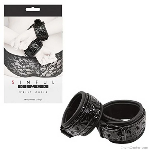 Mintás vinyl bilincs fekete Sinful Wrist Cuffs Black